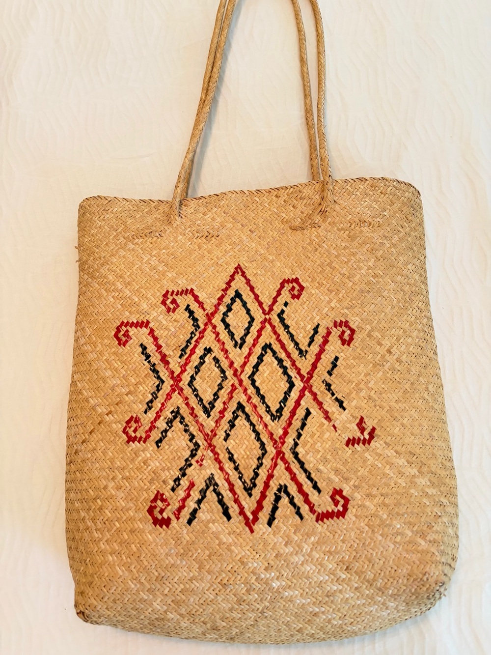 Vintage Woven Straw Tote Bag with Red & Black Geometric Pattern